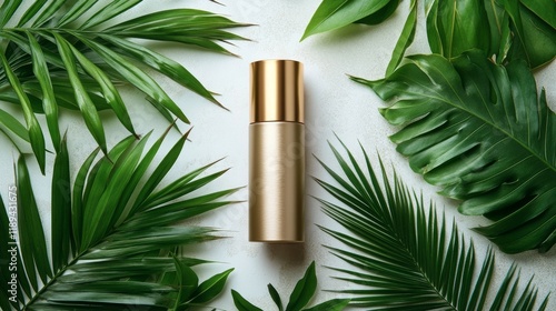 Golden lotion bottle surrounded by lush green leaves in a tropical setting