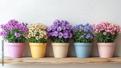 Wallpaper Mural Colorful flower pots filled with blooming plants against a blue wall Torontodigital.ca