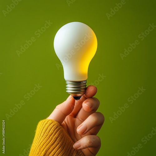 Creative representation of person holding glowing light bulb against solid gr...