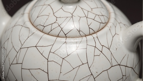 Close up of cracked ceramic teapot glaze intricate spiderweb like fractures filled with darker tones photo