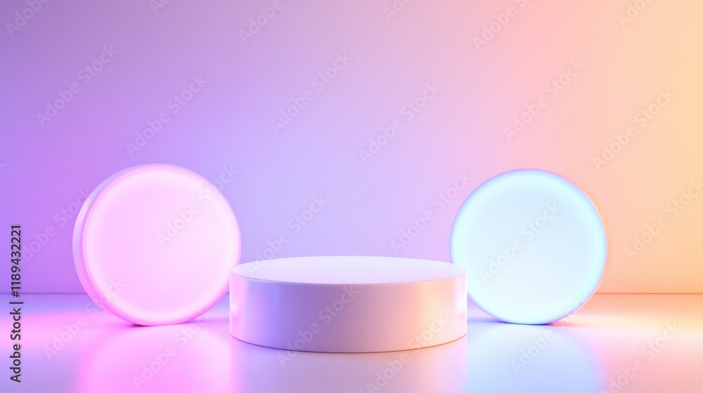 White pedestal with two glowing circles on either side of it. The pedestal is a stage for a performance or an event. The colorful circles add a sense of vibrancy and excitement to the scene White pedestal with two glowing circles on either side of it. The pedestal is a stage for a performance or an event. The colorful circles add a sense of vibrancy and excitement to the scene
