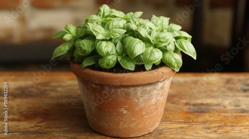 Fresh basil plant in a rustic terracotta pot displaying vibrant green leaves ...