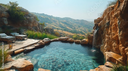Luxurious natural hot spring surrounded by rocky hills and serene landscape p...