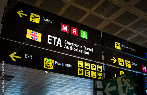 Information panel with Electronic Travel Authorization on it at an international airport. Digital composite photo