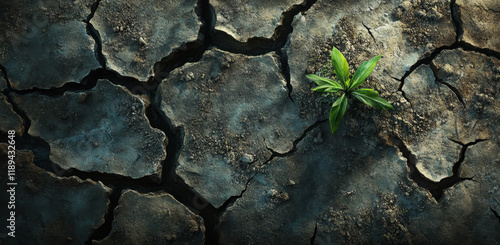 Cracked earth is depicted in detail, with a solitary green plant emerging from the fissures. This illustrates life amidst harsh conditions, emphasizing nature's resilience and struggle for survival.