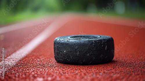 Rusty weight plate resting on a track at sunset, symbolizing fitness and dete...