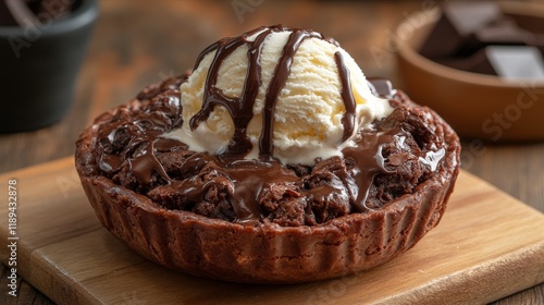 Decadent chocolate dessert with ice cream served on a wooden board