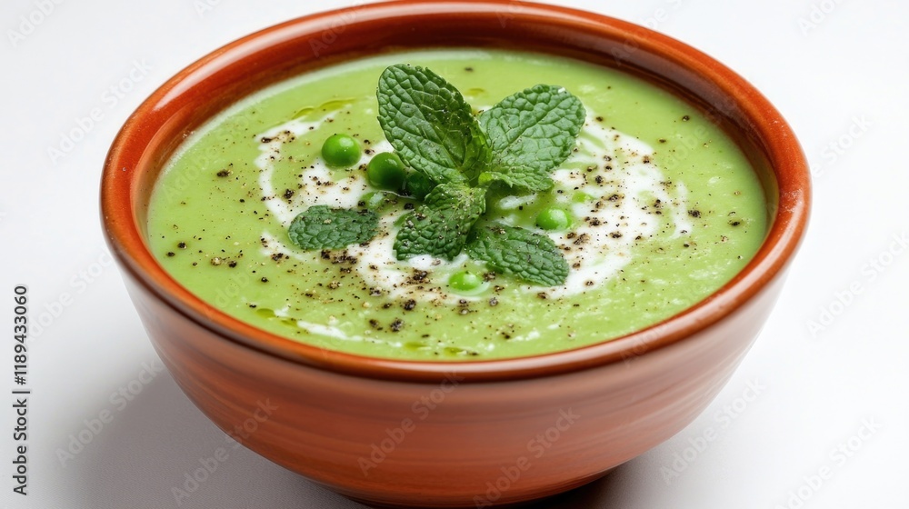 Bowl of green soup with a sprig of mint on top. The soup is garnished with a sprinkle of pepper Bowl of green soup with a sprig of mint on top. The soup is garnished with a sprinkle of pepper