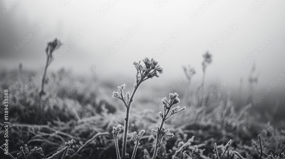 Obraz premium Field of frosted grass with a single flower in the foreground. The image has a moody and serene atmosphere, with the frosted grass and the lone flower creating a sense of solitude and tranquility
