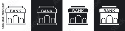 Bank building icons vectors set in black. line and flat versions