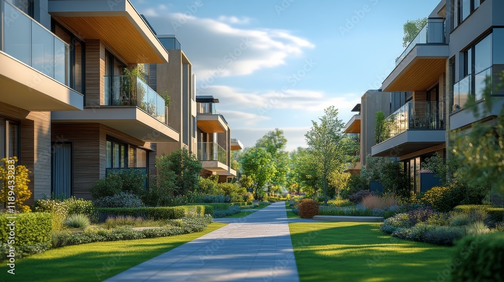 Modern residential area with landscaped pathways and contemporary architecture in sunlight Modern residential area with landscaped pathways and contemporary architecture in sunlight