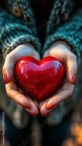 Holding a shiny red heart in hands symbolizing love and care in a peaceful se...