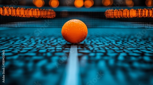 Table tennis ball and paddle resting on a blue table near the net during sunset