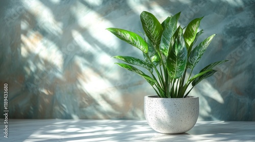 Lush green plant in a modern pot basking in sunlight by the window during aft...