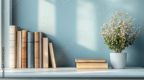 Modern home decor with books and plants on a stylish shelf against a light bl...