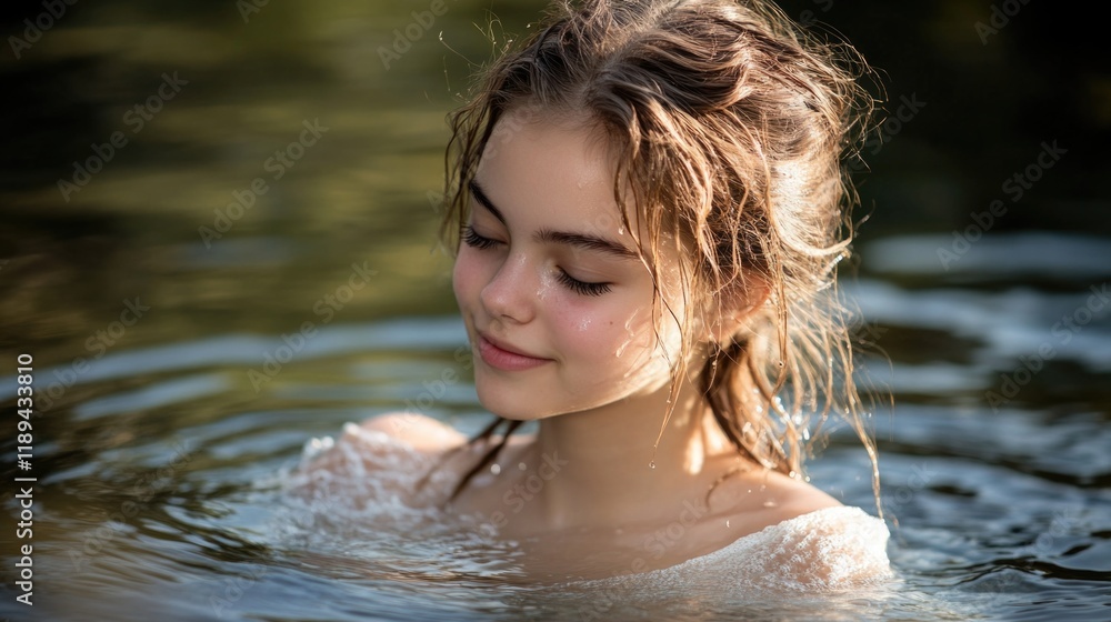 Fototapeta premium A woman floating on the surface of calm water, eyes closed
