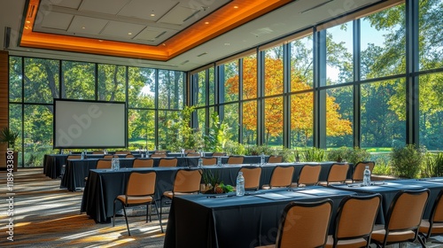 Conference room set up for sessions with large windows overlooking autumn tre...