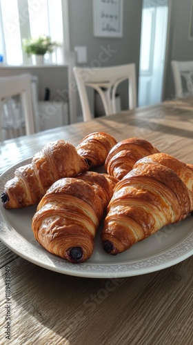 Freshly baked croissants on a white plate near a window with natural light