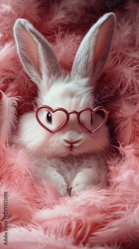 Cute rabbit wearing heart-shaped sunglasses relaxes on pink fluffy background...