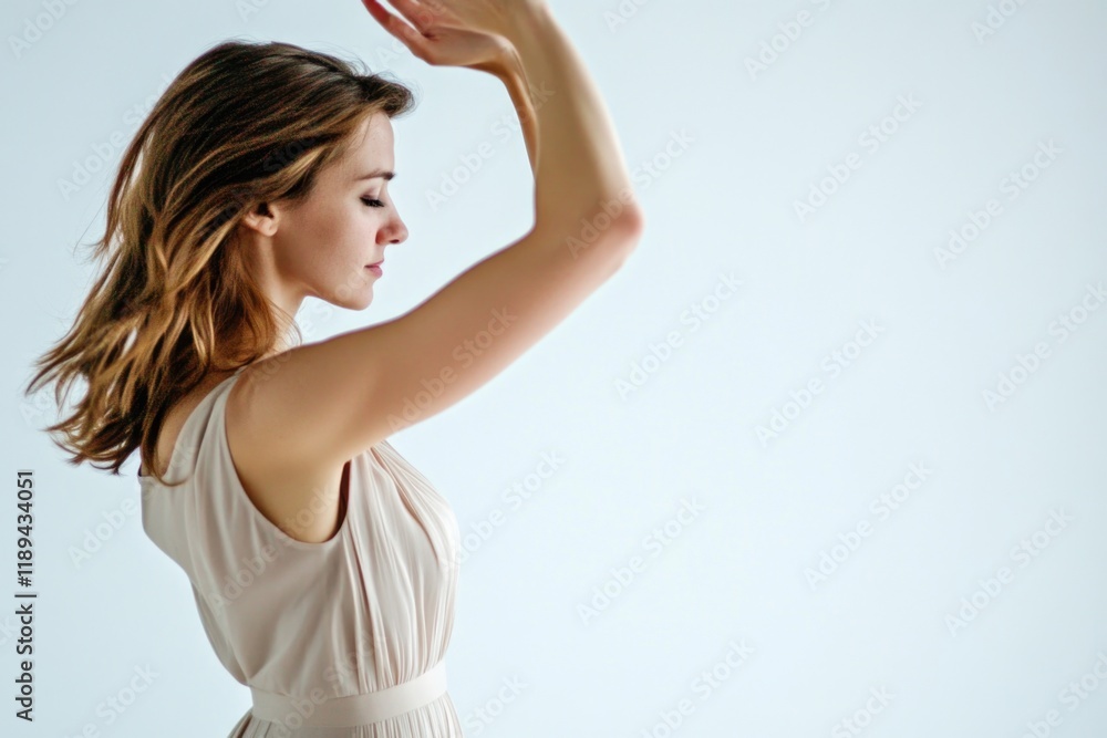 A woman in a beige dress dancing, suitable for use as a background or illustration for lifestyle and entertainment projects A woman in a beige dress dancing, suitable for use as a background or illustration for lifestyle and entertainment projects
