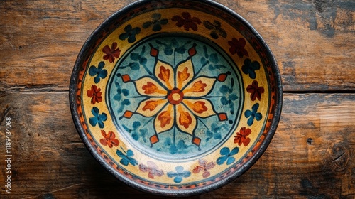 Colorful handcrafted ceramic bowl with floral design on rustic wooden table