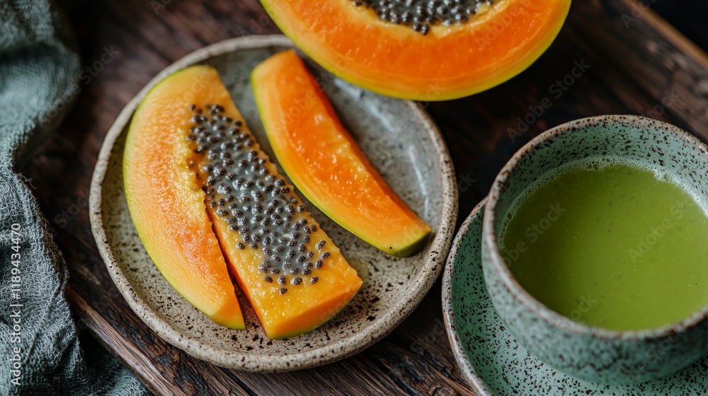 Minimalist breakfast green tea papaya slices chia pudding setup Minimalist breakfast green tea papaya slices chia pudding setup
