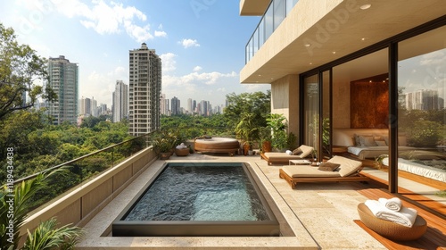 Modern balcony with pool overlooking city skyline and green landscape in sunn...
