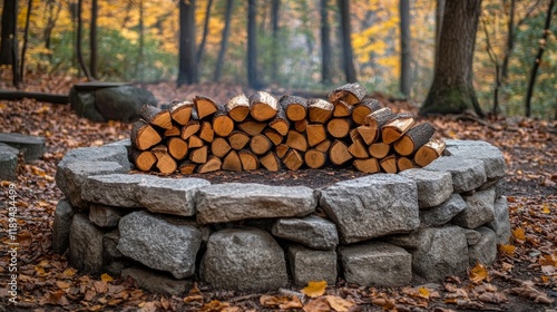 Stacked firewood on a stone base surrounded by autumn foliage in a tranquil f...