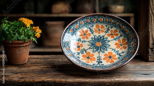 Handcrafted decorative plate with floral design on rustic wooden table