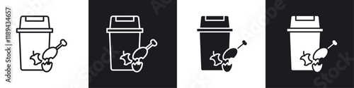 Food waste icons vectors set in black. line and flat versions