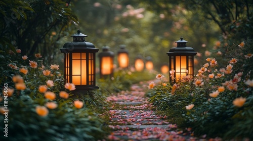 Pathway illuminated by lanterns surrounded by vibrant flowers in a peaceful g...