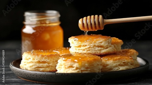 Freshly baked biscuits topped with honey and fruit preserves on a wooden plat...