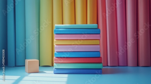 Colorful stacked books beside a geometric block on a vibrant backdrop