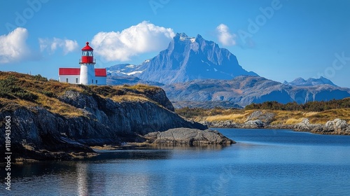 Vibrant orange lighthouse stands tall on rocky coast overlooking calm blue wa...