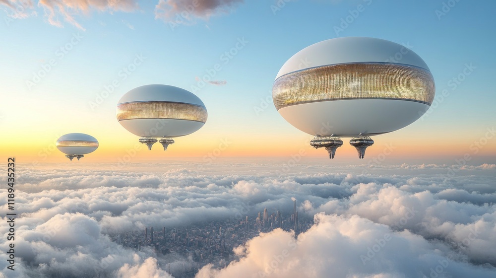Futuristic airships above city cloudscape at sunrise. Futuristic airships above city cloudscape at sunrise.