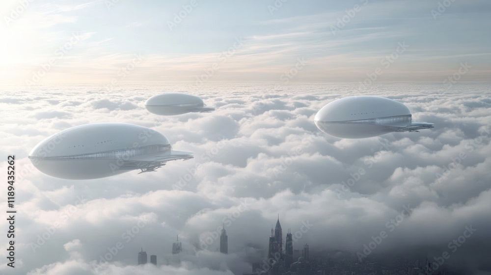Futuristic airships flying above city cloudscape. Futuristic airships flying above city cloudscape.