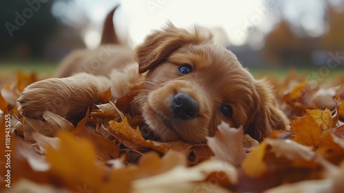 Playful puppy enjoys autumn leaves during a sunny afternoon in the park