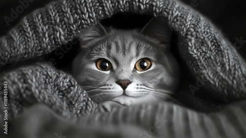 Cat peeks out from cozy blanket in a serene indoor setting during winter