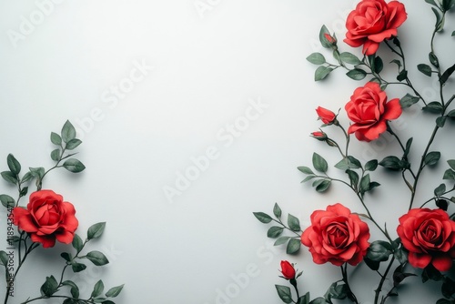 Bright red and pink roses with green leaves create a vibrant floral pattern o...
