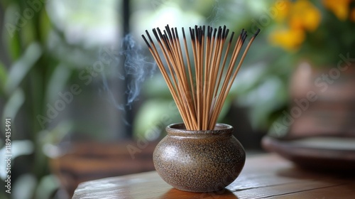 Bamboo incense sticks releasing fragrant smoke from a decorative pot in a qui...