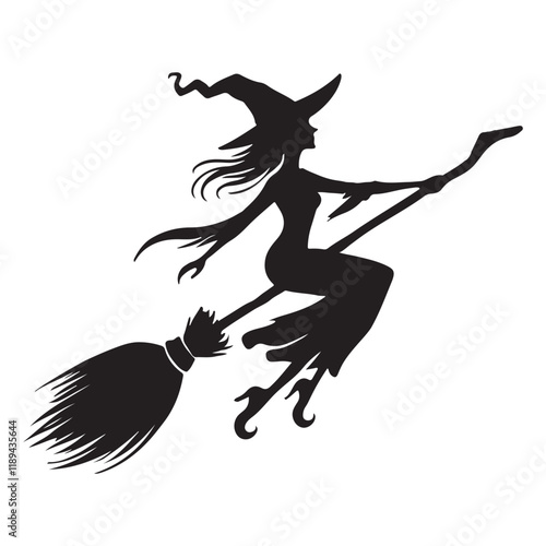 Halloween Witch Flying on Broom Silhouette Vector