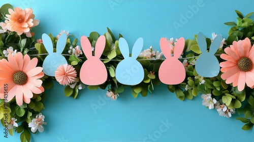 Decorative pastel eggs and garland on a shelf for spring celebration