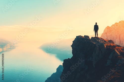 Man standing on rocky cliff overlooking serene ocean at sunset with vibrant sky