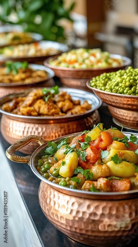 Traditional Rajasthani food buffet at wedding. Copper chafing dishes hold various dishes. Close up view of row of antique style dishes. Warm food displayed. Spicy vegetable curry, potatoes, peas photo