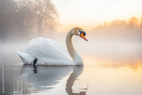 creative shot of swan gliding across misty lake at dawn with soft golden light illuminating water photo