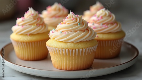 Delicious cupcakes with colorful frosting displayed on a plate in bakery setting