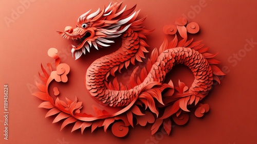 Vibrant red paper dragon art with intricate details and floral elements
