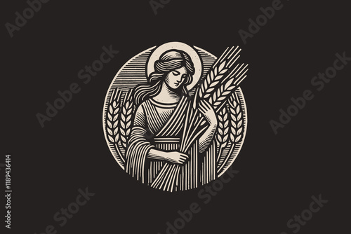 Vintage engraving style illustration of Ruth holding a sheaf of wheat