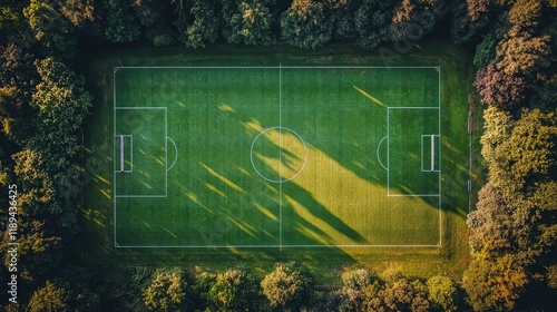 Scenic autumn view of a soccer field surrounded by colorful trees at sunset