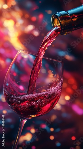 Pouring red wine into a glass with splashes creating dynamic motion on a dark...